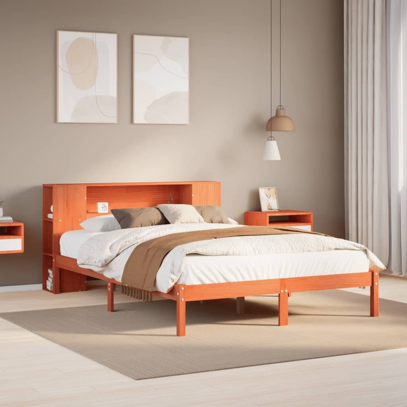 Lit bibliothque sans matelas cire marron 135x190 cm pin massif