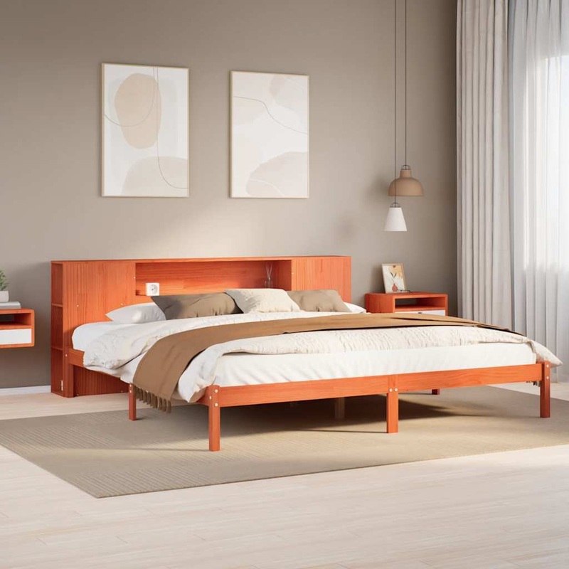 Lit bibliothque sans matelas cire marron 200x200 cm pin massif