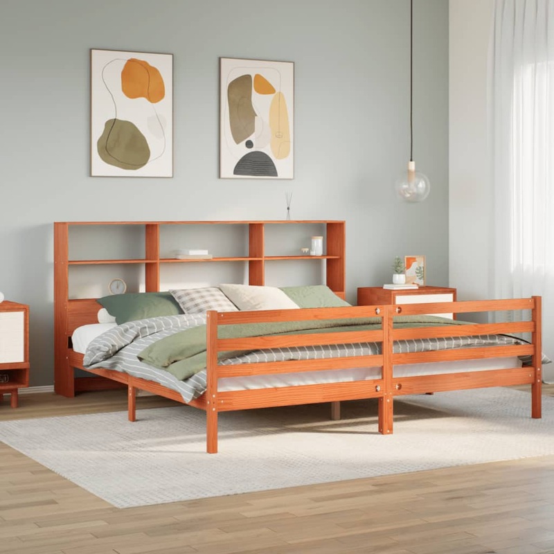 Lit bibliothque sans matelas cire marron 200x200cm bois massif