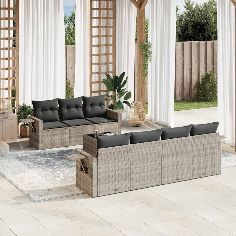 Salon de jardin 8 pcs avec coussins gris clair rsine tresse