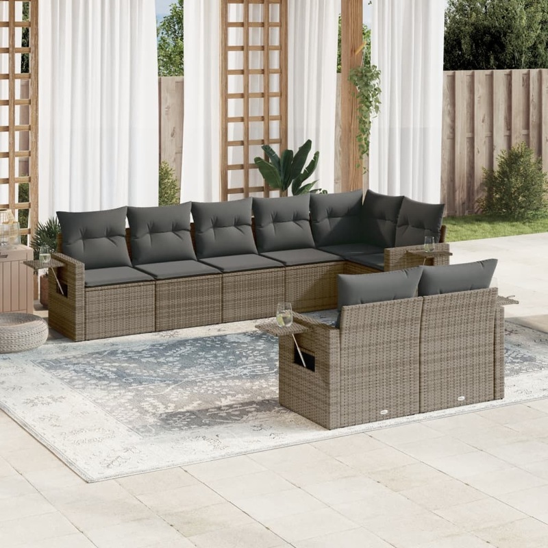 Salon de jardin 8 pcs avec coussins gris rsine tresse