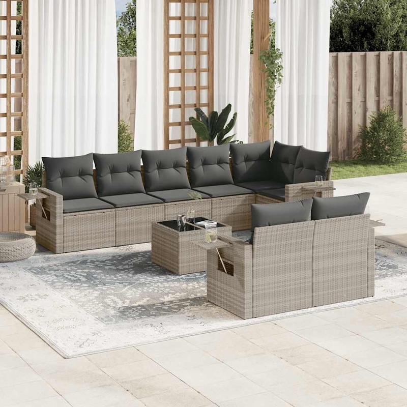 Salon de jardin 9 pcs avec coussins gris clair rsine tresse