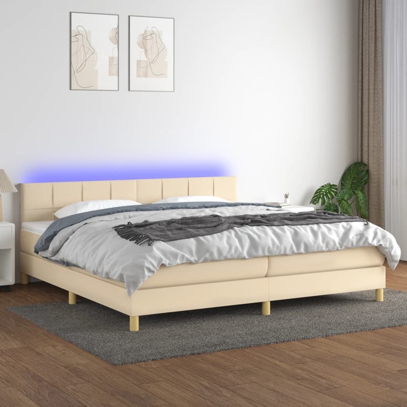 Sommier  lattes de lit et matelas et LED Crme 200x200cm Tissu