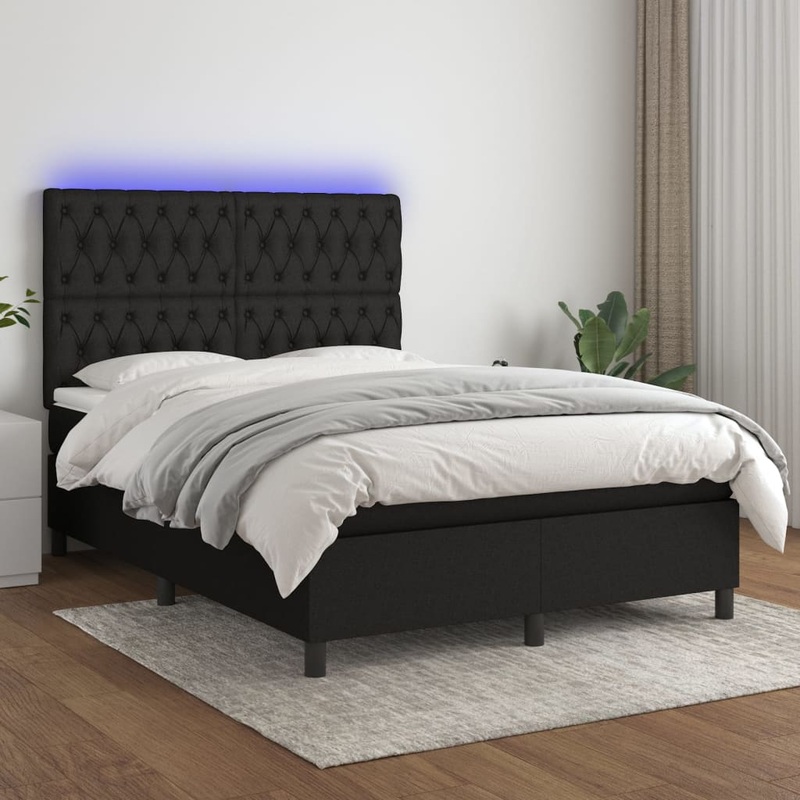 Sommier  lattes de lit et matelas et LED Noir 140x200 cm Tissu